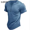 Mens Tshirts Harajuku Cotton Henley Shirt för solid knapp Kort ärm T -shirt Lossa Casual Topps Male Clothing 230327