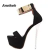 Sandals Aneikeh Ankle Strap Heels Platform Party Shoes For Women Wedding Pumps 16cm High Sequined Gladiator Black 230328