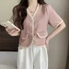 Koszule damskiej bluzki eleganckie eleganckie piesce v przycięte szyi koszule Koreańska moda z krótkim rękawem bluzka bluzka żeńska swobodna luźna kardigan top y2303