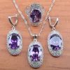 Naszyjne kolczyki Ustaw luksusowe biżuterię ślubną fioletowy kryształ dla kobiet srebrny kolor i pierścień wiszący bransoletki JS0288
