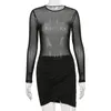 Casual Dresses Hovanch Solid Mesh Stitched Hollow Out O-Neck Sexy Miniskirt 2023 Winter Fashion Party Club Dress