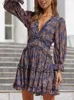 Повседневные платья Dicloud Летние платья для женщин Элегантные цветочные v nece ruffle с длинным рукавом без обработки дамы.