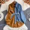 Women's Blouses Retro Denim Shirt Dress Women Spring Stitching Corduroy Lapel Autumn Waist Slim Irregular Long Belt Chic Casual Mid-length