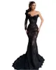 Dubai Arabic Black Mermaid aftonklänningar en axel spets applikation formell kväll fest klänning prom födelsedagstävling kändis special tillfälle klänningar