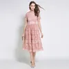 Casual Dresses Summer Women High Quality Elegant Slim Hollow Out A-Line Lace Midi Dress Vestidos Green White Pink 230327