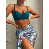 Kvinnors badkläder Kvinnor Floral Print Bikinis Set 2023 Sexig tre -stycken Beach Cover Up Push Summer Long Sleeve Twist Bathing Suit 230328