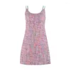 Casual Dresses Pink Woolen Weave Beaded Sling Mini Dress Elegant Women Sexy Birthday Korean Fashion 2023 Summer