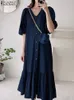 Casual Dresses Vintage Denim Blue Women Shirt Ruffle Dress ZANZEA Summer Fashion Short Sleeve Maxi Robe Oversized Casual V Neck A Line Sundress 230327