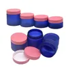 Emballage cosmétique vide Bouteille en plastique PET Frost Blue Skincare Pot de crème pour le visage Couverture rose Portable Emballage rechargeable Pots Conteneur 100g 120g 150g 200g 250g