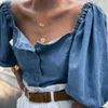 Women's Blouses Shirts Vintage Damesknop Down Denim Shirts Casual Off Shoulder Half Lantern Sleeve losse pullover Top Street Wear Shirts Y2303