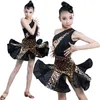 Bühnenkleidung Sexy Latin Dance Kostüm für Mädchen Ballsaal Salsa Tango Top Röcke Kinder Kind Spitze Leopard Split Kleid Trikot Rock