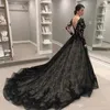 Бальные платья Vestido de Noiva Готический черный винтажный свадебный халат с V-образным вырезом и кружевными аппликациями из тюля Иллюзия с открытой спиной и скользящим шлейфом 230328