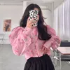 Women's Blouses Sweet Girls Flower Shirts 2023 Summer Vintage Shrug Shoulder Buttons Up Blouse Long Sleeves Cute Pink Short Shirt Tops