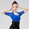 Abbigliamento da palcoscenico Top da ballo latino Donna Manica corta 2023 Abiti da allenamento estivi Camicie blu nere per adulti Costume da ballo da sala