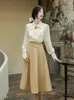 Werkjurken Moderne Franse stijl Office Lady Outfits Vintage Lantern Sleeve Casual Shirt Tops Elegant Midi Rok Woman 2 -delige set