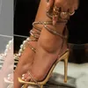 Sandały liyke seksowne złoto kryształ kostki Pasek krzyżowy Kobiety letni impreza ślub buty bankietowe moda otwartego palca do klubu obcasy 230327