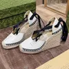 Vrouwen Wedge Platform sandalen Espadrille Matelasse Leer Mode grosgrain Koord Platform Sandaal Kalfsleer Canvas visser schoenen Met Doos NO037