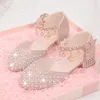 Sneakers Girls High Heel Shoes For Kids Pearl Teen Crystal Party Princess Child Wedding Formal Leather Sandals Footwear 230328