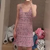 Casual Dresses Pink Woolen Weave Beaded Sling Mini Dress Elegant Women Sexy Birthday Korean Fashion 2023 Summer