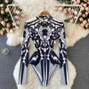 NXY DESIGN Autumn New Print Rompers Women Stand Collar Long Sleeve Slim Jumpsuits Chic Fashion Sexy BodyCon Short Bodysuit 230328