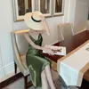 Casual Dresses French Acetic Acid Satin Swing Neck Autumn Dress OuterWear Sexy Temperament Strap Suit With Champagne Color Elegant