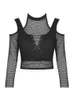 Women's T-Shirt InsDoit Gothic Clothes Mesh Black Women's T-shirts Lace Up Sexy Off Shoulder Crop Top Punk Slim Aesthetic T shirts Alt Clothing P230328