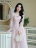 Casual Dresses Elegant Evening Party Midi Dress Women Bubble Sleeve French Vintage Sweet Dress Female Pink Korean Style Fairy Dress Autumn 230327