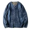 Herrjackor unisex japansk vintage kragefri denim tvättrock vårpar par tunna toppen herrkläder harajuku high street överdimensionera