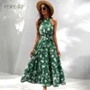 Casual Dresse Summer Sleeveless Halter Print Long Vestidos New Green Elegant Party a Line Floral Maxi 230316