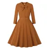 Casual Dresses 2023 Brown Pleated Dress Vintage Style Bow Tie Neck Button Up Elegant Women Summer Belt Pinup 60s 50s Rockabilly