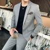 Herenpakken Blazers Blazer Pants High-End Brand Solid Color and Plaid Mens Formal Business Slim Suit 2-delige bruidegom trouwjurkfeest 230328