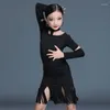 Stage Draag Latin Dance Practice Dress Children Competition Performance Sexy Long Sleeve Fring Rok Suit Summer