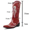 Boots Women Skull Skeleton Selfie Cowboy Western Mid Calf Boots Pointed Toe Slip-On Stacked Heel Goth Punk Autumn Shoes Brand Designer 230328