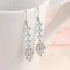 Dingle örhängen 925 Sterling Silver Long Tassel Crystal Fatima Hamsa Hand Piercing Drop For Women Wedding Party Elegant smycken