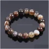 Beaded CSJA Natural Round Gem Stone Agates Onyx Men armband Bangle 10mm Brun Stripe Ethnic Rosary Energy Pärlor Bön Arvband F1 DHQ05