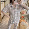 Women's Sleepwear Summer Sweet Girl Plaid Pajamas Set Cardigan Cartoon Short Sleeve Long Pants Homesuit Fashion Pijamas Women Home Clothes 230328