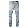 Calça masculina angustiada Blue Streetwear Stretch skinny preto shinestons destruídos buracos graffiti high street slim fit jeans 230328