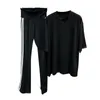 Zweiteilige Damenhose BORVEMAYS O-Ausschnitt Kurzarm Schwarz Loses T-Shirt Hohe Taille Streifen Gerades Bein Street Fashion Trend Zweiteilige Sets