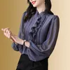 Kvinnors blusar rufsade Mulberry Silk Blus Women High End Shirts för fashionabla lykta ärmstoppar och kläder blusa