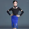 Stage Draag Latin Dance Practice Dress Children Competition Performance Sexy Long Sleeve Fring Rok Suit Summer