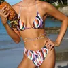 Kadın Mayo Renkli Boncuklar Dekor Geometri Desen Push Yukarı Sütyen Yüksek Bel Külotu Spa için Plaj Giyim