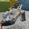 2023 New Sandals Launch Patent Leather Scary High Heels Women's Unique Designer Dress Wedding Shoes Sexy Shoes Letter Large High Heels 34-42