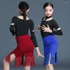 Stage Draag Latin Dance Practice Dress Children Competition Performance Sexy Long Sleeve Fring Rok Suit Summer