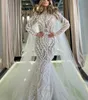 Exquisitos vestidos de novia de sirena Manga larga Apliques de cuello alto Lentejuelas Perlas con cuentas Volantes Encaje 3D Vestidos de novia hasta el suelo huecos por encargo abiti da sposa