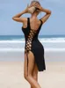 Damskie stroje kąpielowe Solidne żebrowane plażowe stroje kąpielowe Dres Seksowne wycięte węzeł Side podzielone uda sukienka biała pokrywki Kimono Bikini bikini plażowa odzież 230328