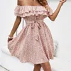Casual Dresses Summer Women's Ruffle Off the Shoulder Elegant Pink Floral Print Female New Sweet Beachfashion Clothes 230316