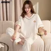 Women's Sleepwear V-neck Pink Fashion Cotton Suits Women Set Homesuit Homeclothes Short Sleeve Long Pants Casual Sleepwear Nice Teen Girls Pajamas 230328