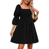 Casual Dresses Women Pleated Square Neck Beach Puff Sleeve Flowy Solid Color Backless Summer For Cocktail Wedding