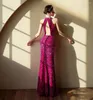 Robes de piste Sexy sirène robe de célébrité fuchsia violet paillettes paillettes licou perle gland évider dos nu robes de soirée