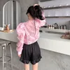 Women's Blouses Sweet Girls Flower Shirts 2023 Summer Vintage Shrug Shoulder Buttons Up Blouse Long Sleeves Cute Pink Short Shirt Tops